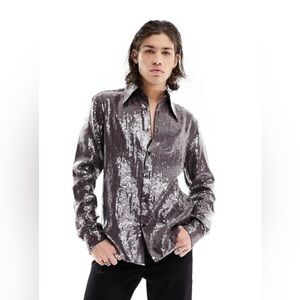 ASOS Design Brown/Maroon Sequin Button-Up Shirt with Oversized Collar - NWT